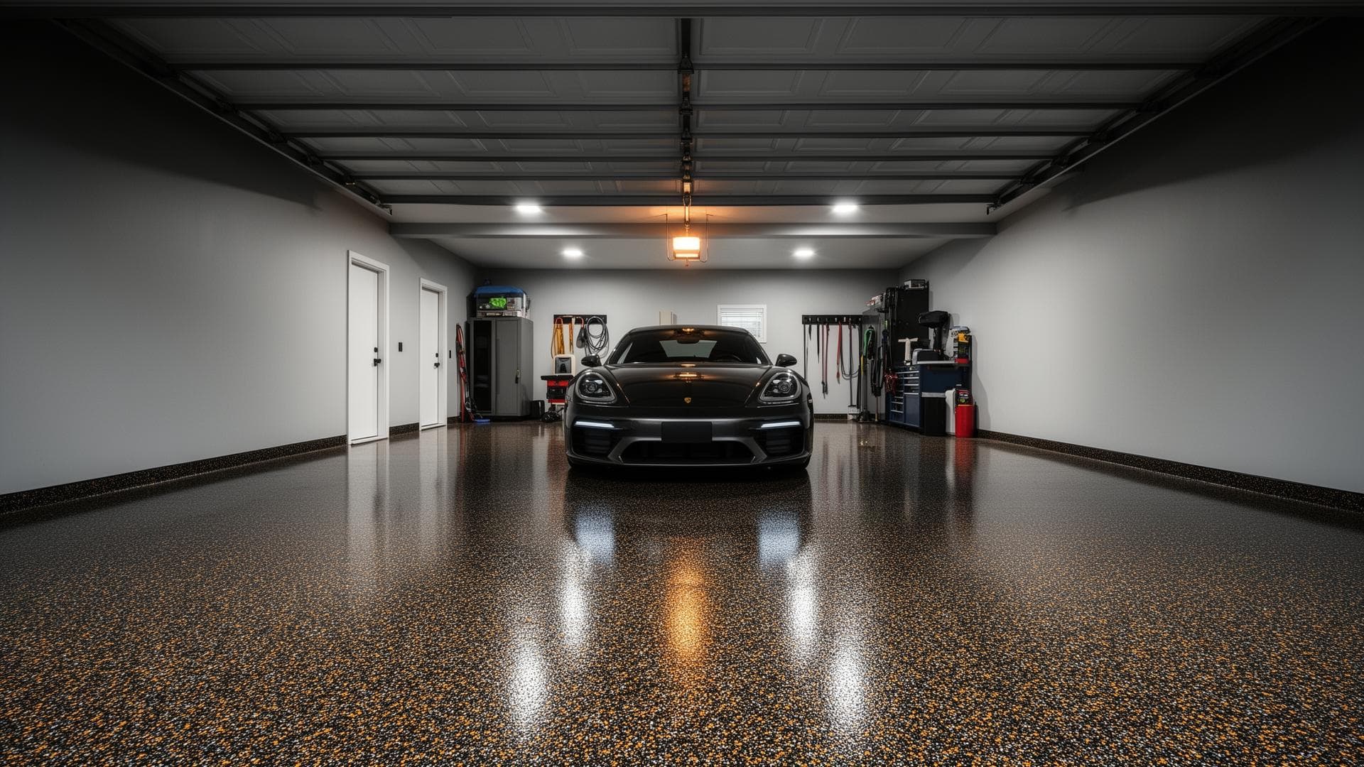 Black and tan flake epoxy floor in a garage with a sports car